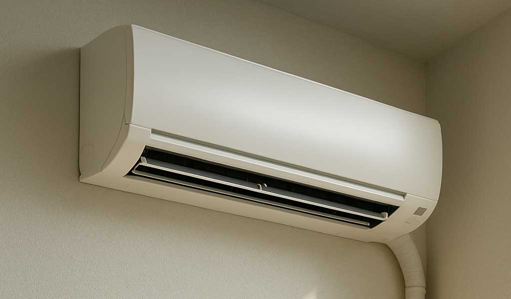 Ductless AC Mini Split Air Conditioner Hanging on a Wall in a Room