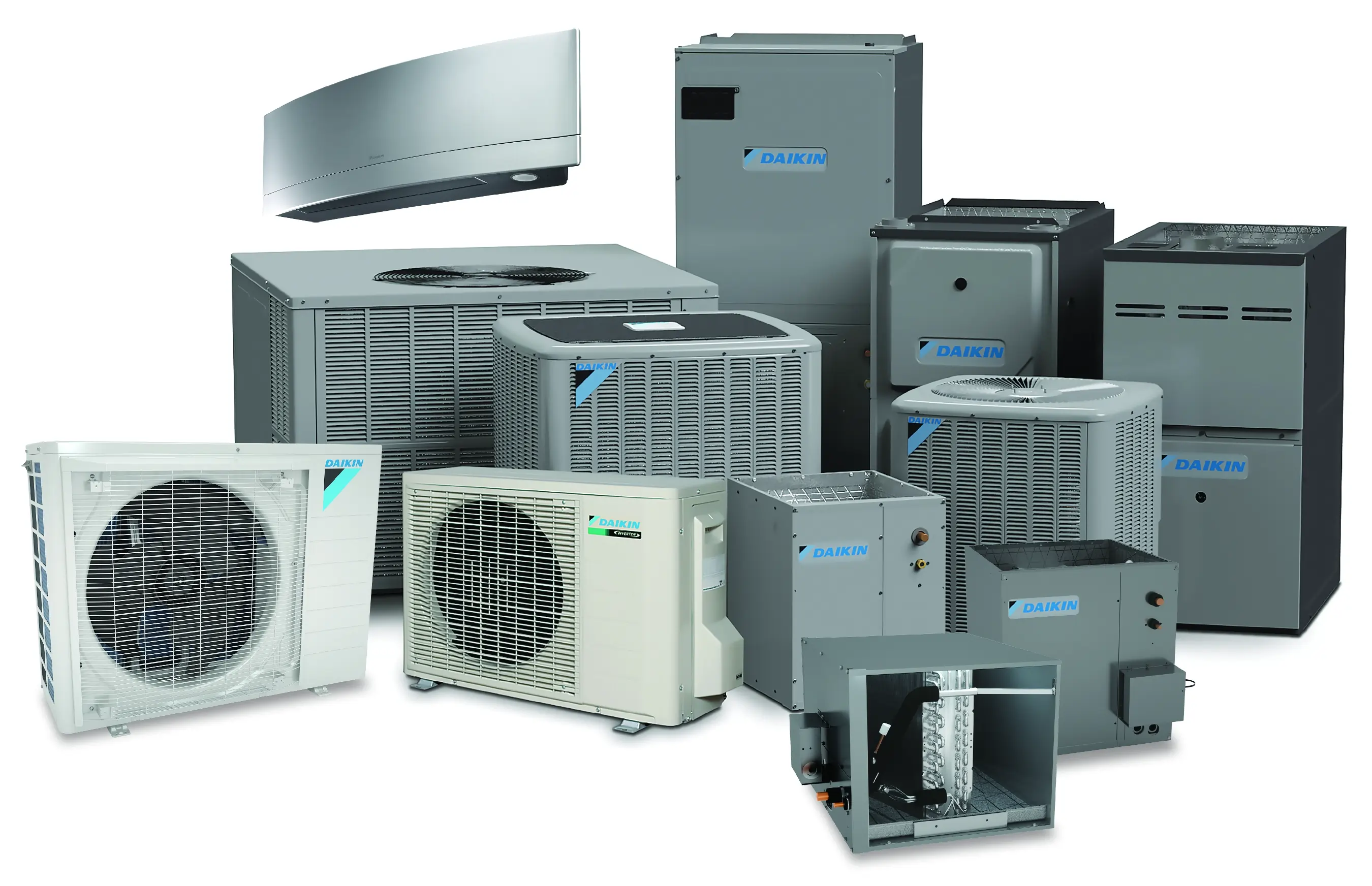 A collection of various Daikin HVAC products, including outdoor condenser units, indoor air handlers, and a ductless mini-split unit, are arranged together against a white background.