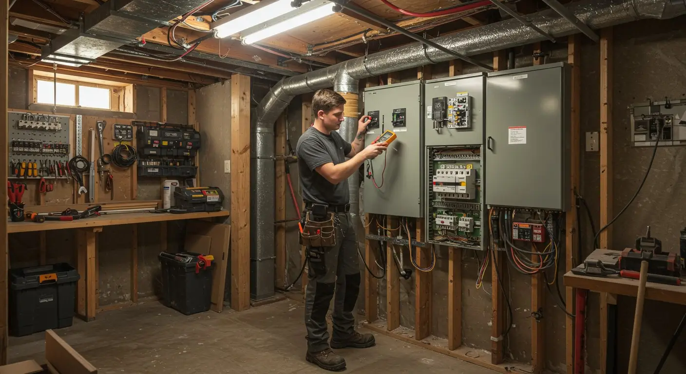 A male electrician is standing in a dimly lit basement workshop, using a multimeter to test a large electrical panel mounted on an unfinished wooden wall, with tools organized on pegboards in the background.