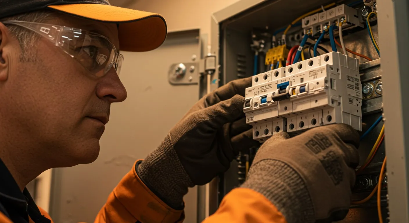 A man wearing safety glasses and orange gloves is focused on installing or repairing a circuit breaker inside an open electrical panel.