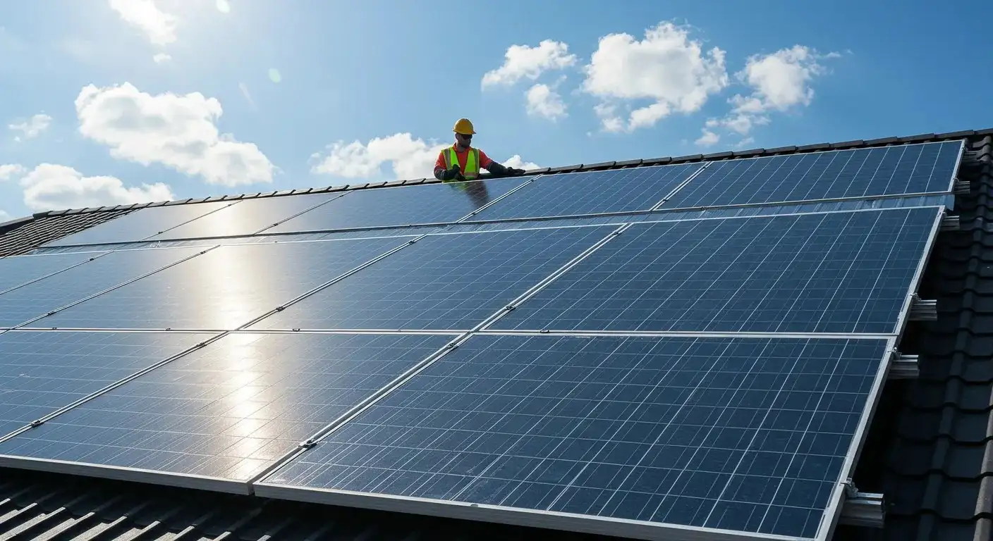 A man in a yellow hard hat and orange safety vest is standing on a dark gray tiled roof, working on a newly installed solar panel under a bright blue sky with white clouds.