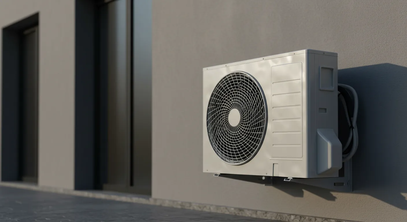 A white AC unit is mounted on the light gray exterior wall of a house, receiving warm sunlight on its side.