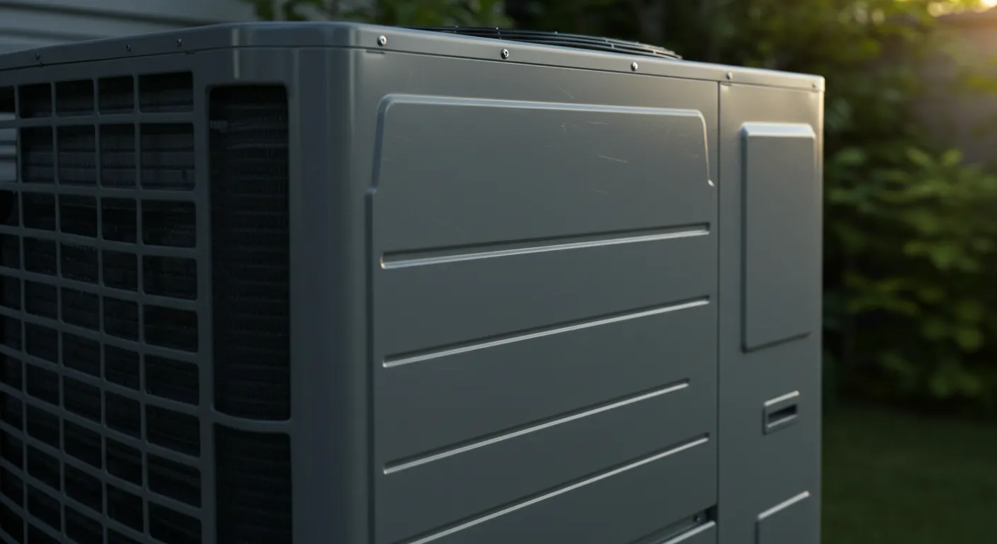A side view of a large, dark gray outdoor AC unit with black grilles, sitting on a grassy lawn with blurred green foliage in the background.