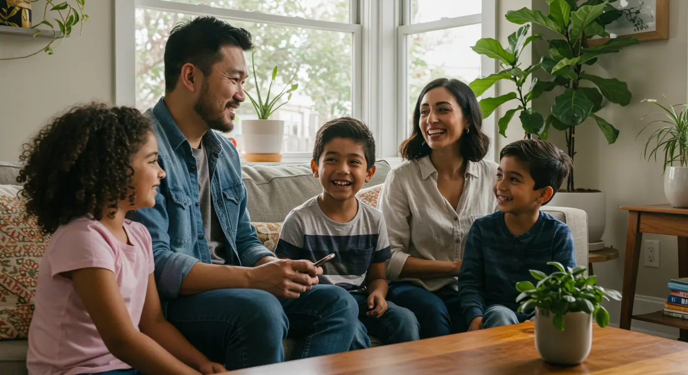 A multi-ethnic family, including a father, mother, and three children, are happily conversing while sitting on a light gray sofa in a brightly lit living room with plants.