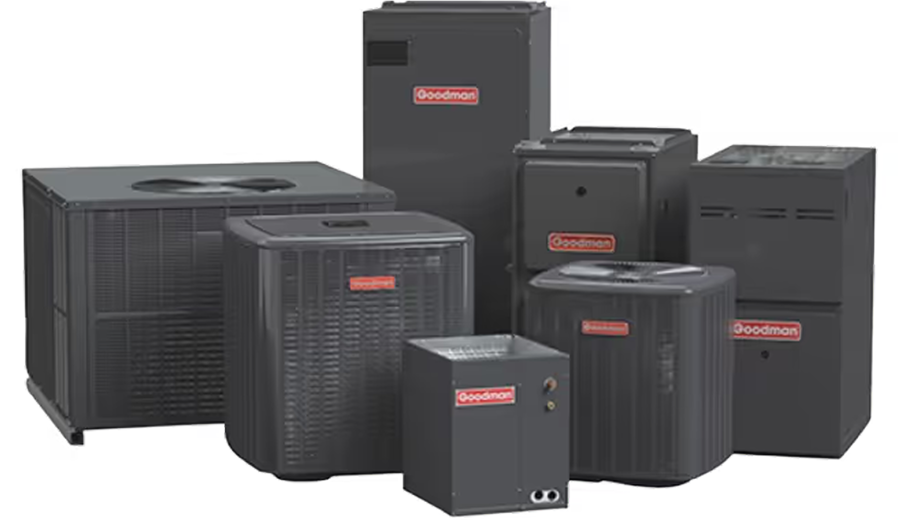A variety of dark gray Goodman HVAC units, including outdoor compressors, indoor air handlers, and a tankless water heater, are arranged against a plain gray background.