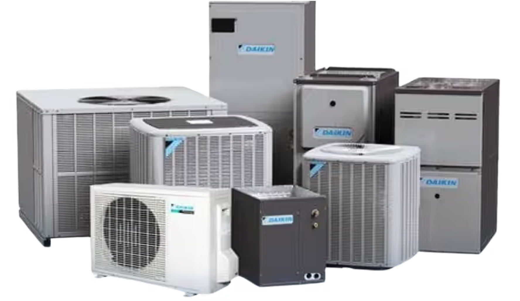 A variety of gray Daikin HVAC units, including outdoor compressors, indoor air handlers, and a tankless water heater, are arranged against a plain gray background.