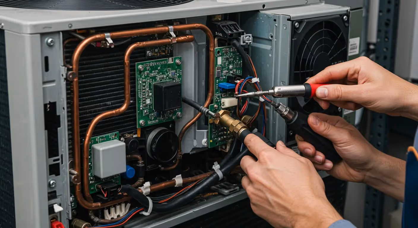 A technician works on an HVAC unit, adjusting components with tools in a service environment.