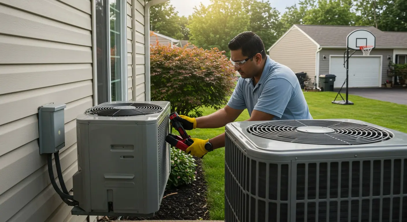 A technician works on an air conditioner, adjusting components with a wrench.