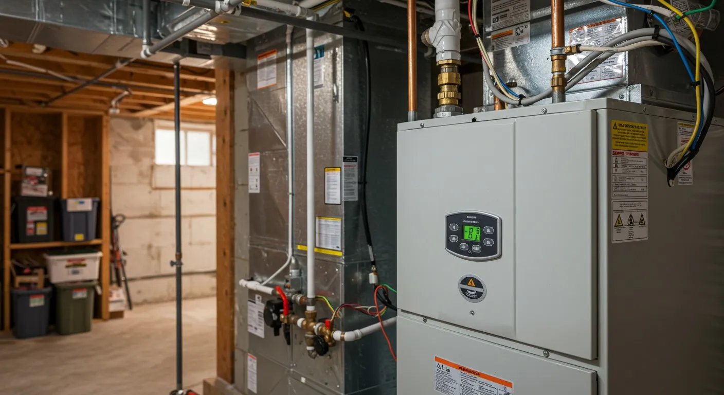 A gas furnace installed in a home, featuring visible pipes and electrical wires.