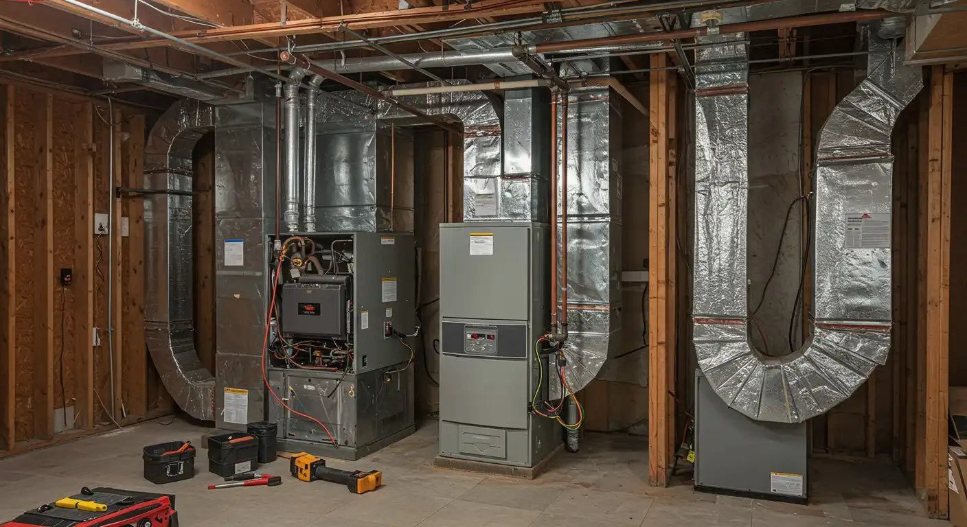 Interior view of a room showcasing several air conditioners, furnace and electrical devices.