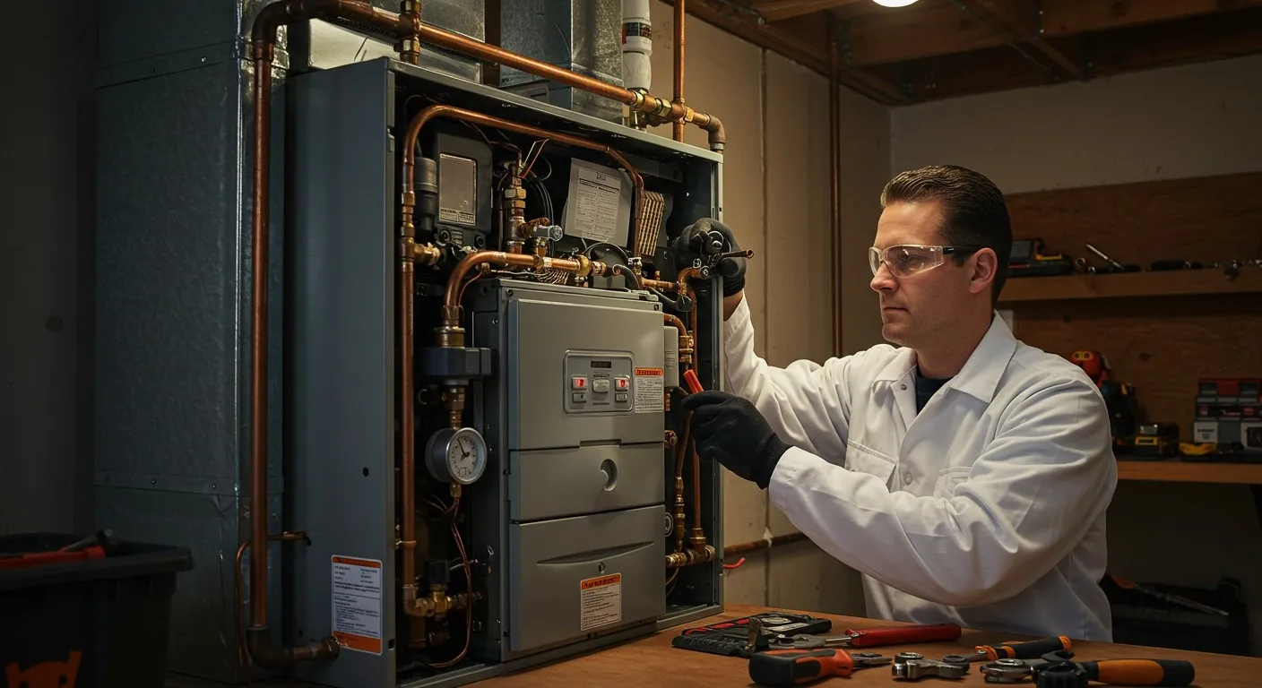 A man in a white shirt and glasses is inspecting a gas furnace.