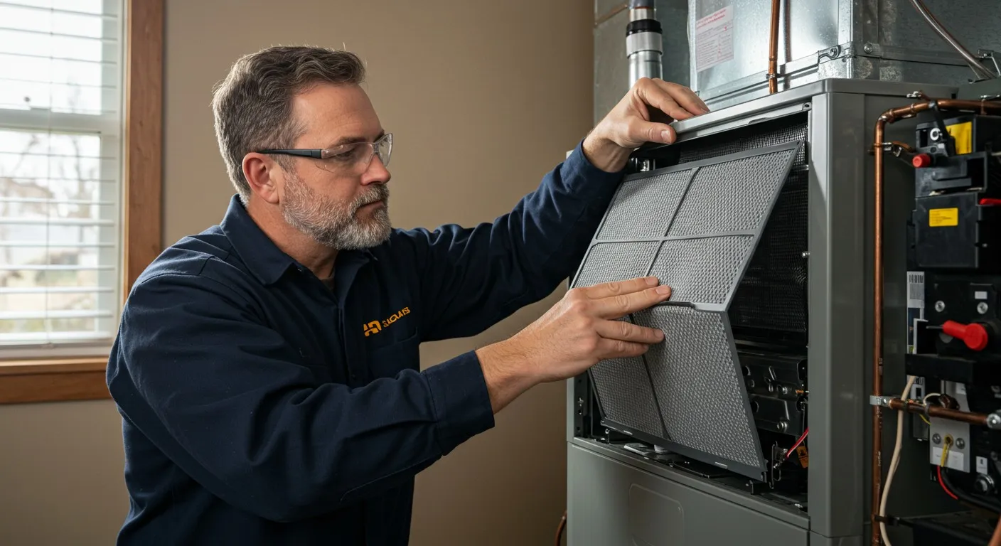 A man in a blue shirt repairs a furnace, focusing on the internal components.