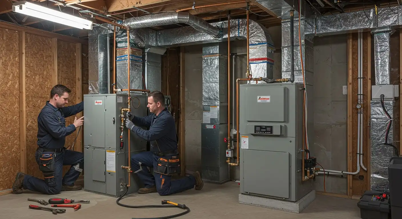 Two men working together on a furnace inside a garage, focused on their task.