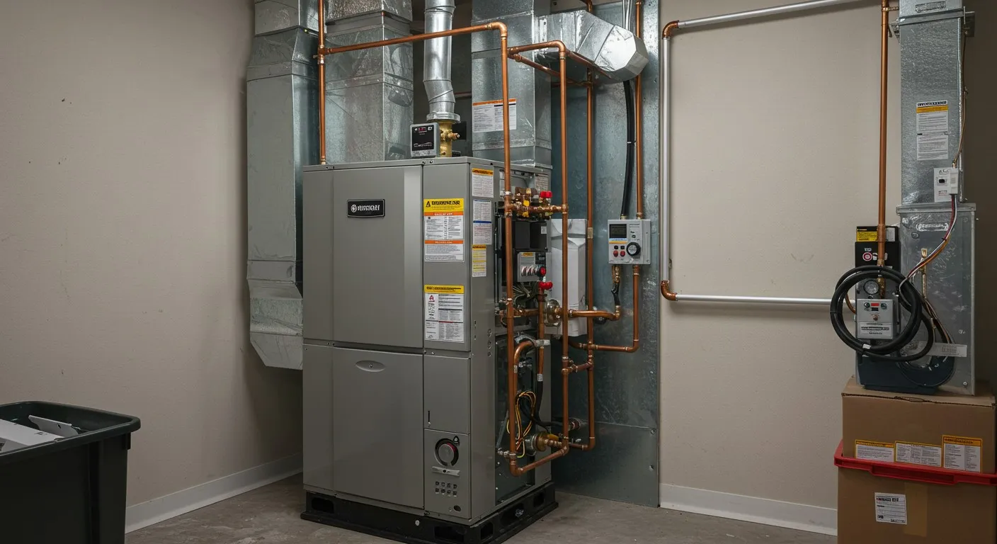 A gas furnace surrounded by pipes and equipment in a utility room.