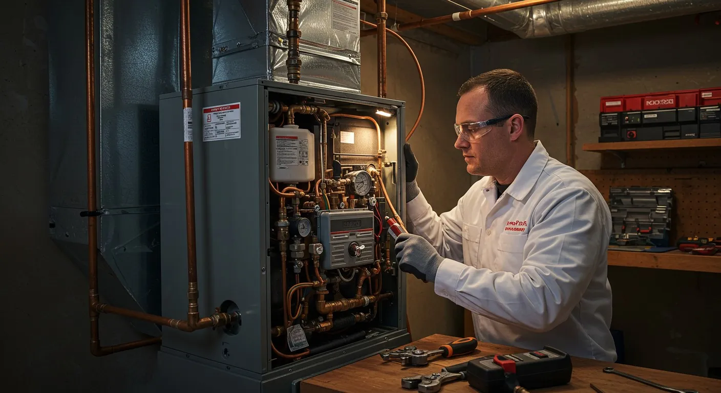  A man in a white shirt and glasses is focused on working with a furnace.