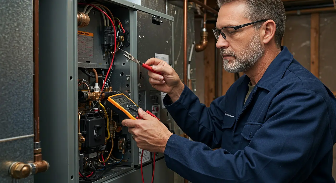 A man wearing glasses and a blue shirt works on a furnace.