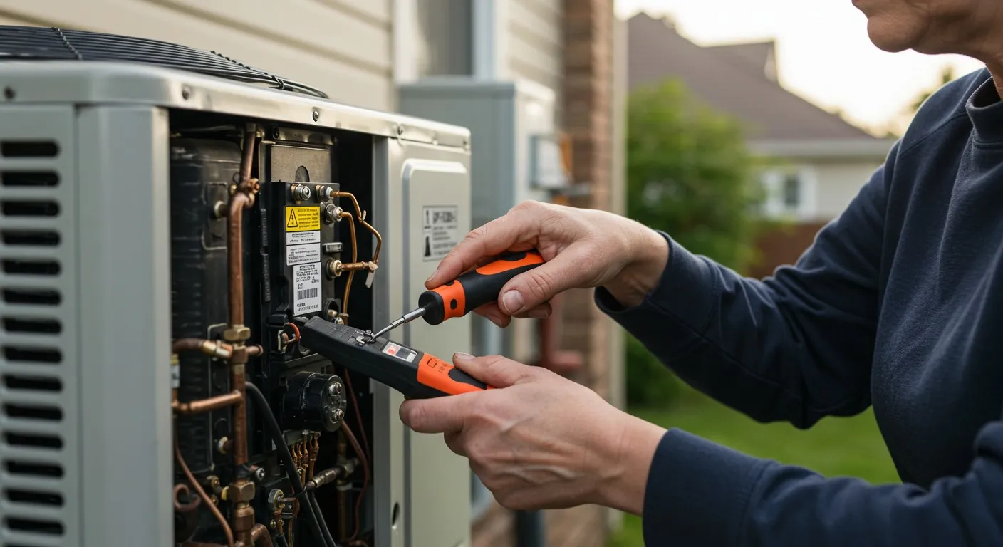 A man is repairing an air conditioner, focused on the unit with tools in hand.