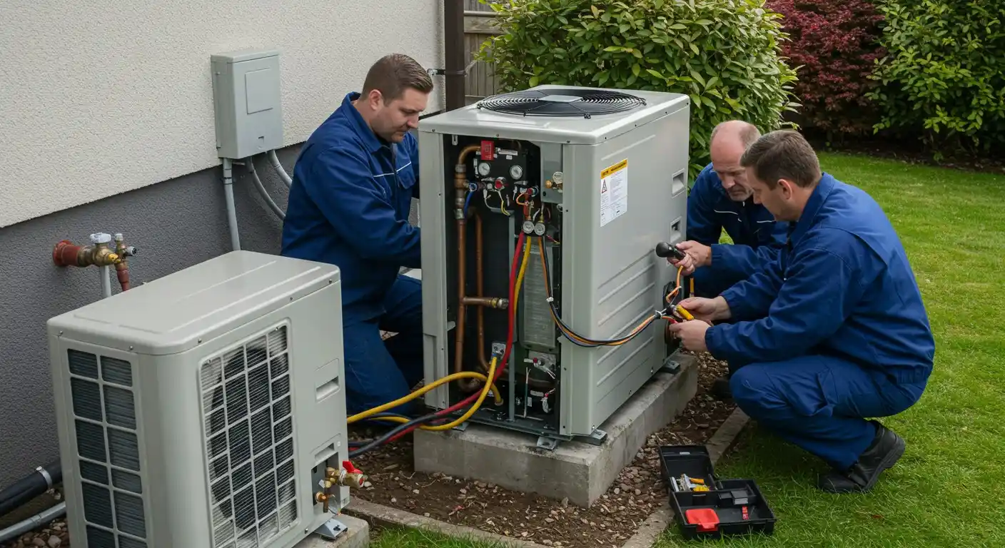 Three technicians in blue uniforms work on a heat pump outside a building,