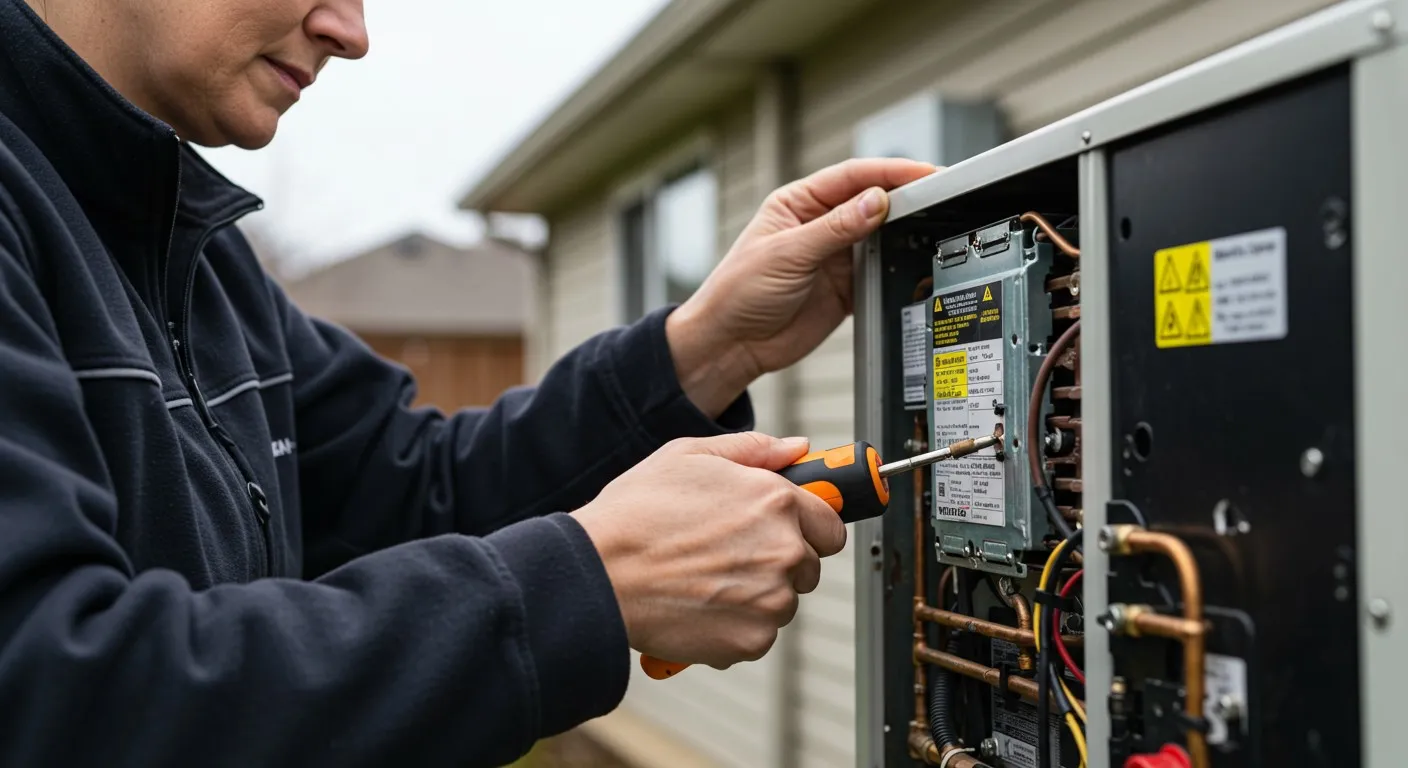 A technician in a dark jacket uses a screwdriver to adjust settings on an outdoor heat pum.