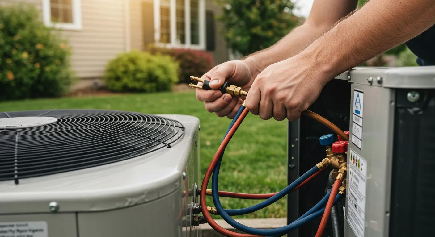 A man repairs an air conditioner unit, focusing on a heat pump component.