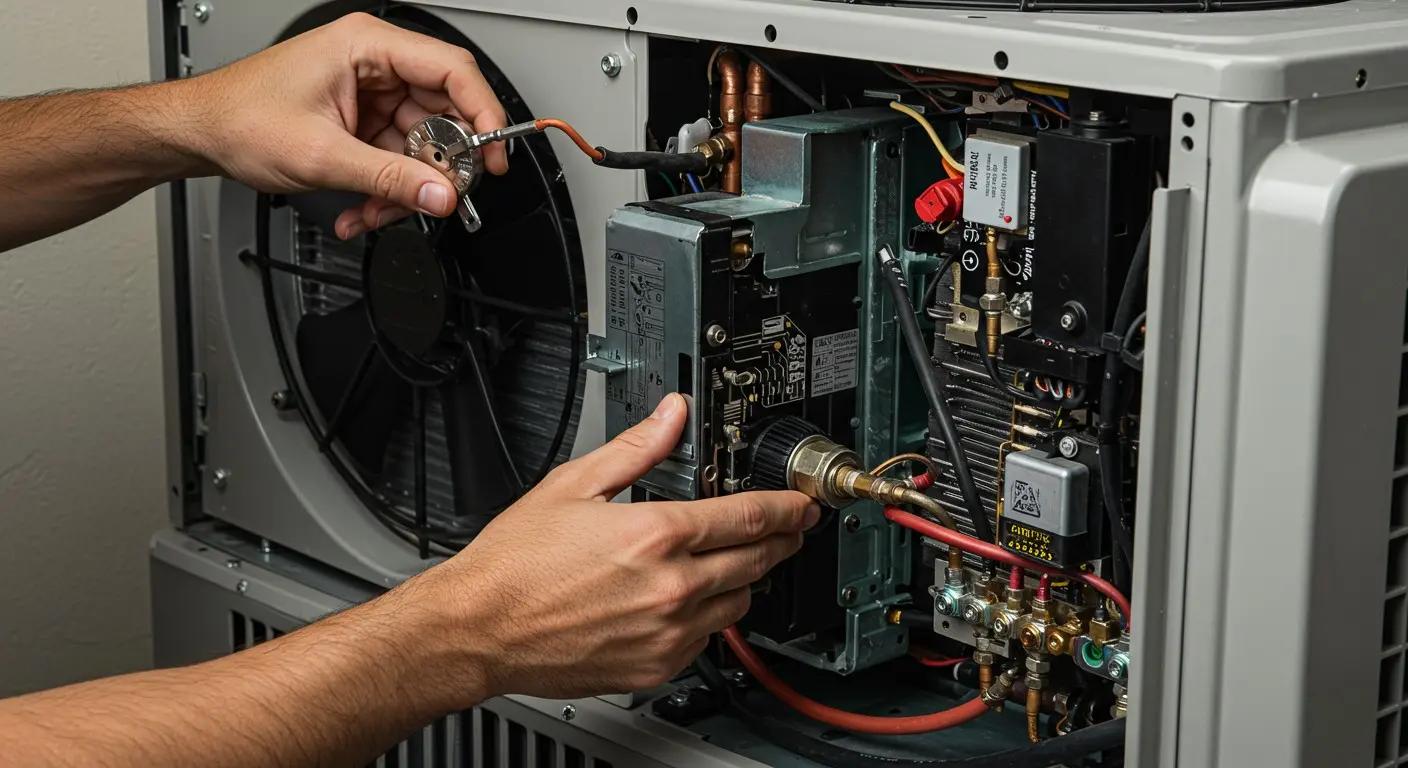 A man is working on fixing an air conditioner, surrounded by tools.