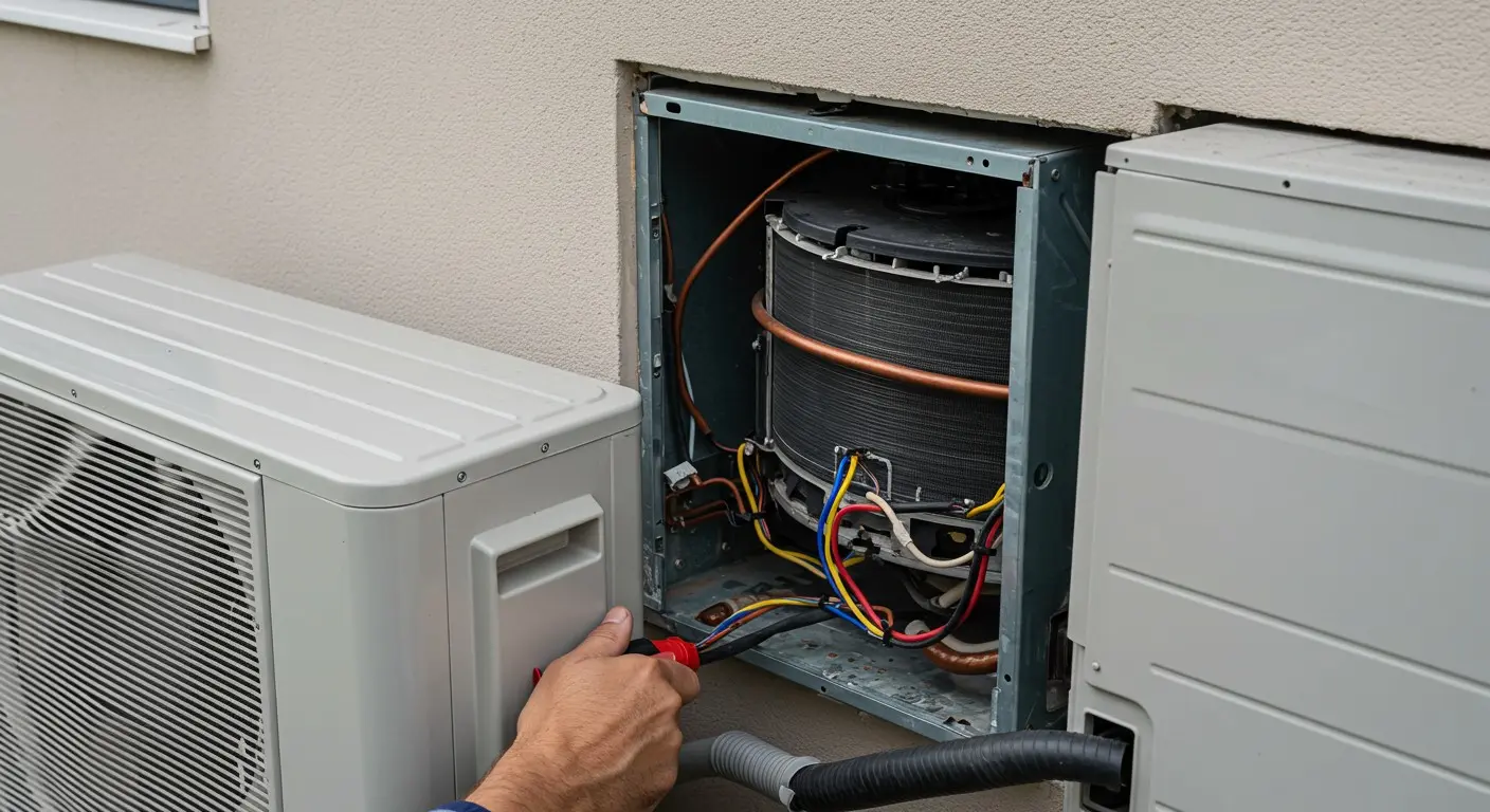  A man is working on fixing an air conditioner, surrounded by tools.