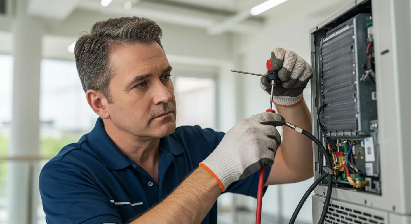 Man in blue shirt and gloves uses a screwdriver to repair an air conditioning unit.