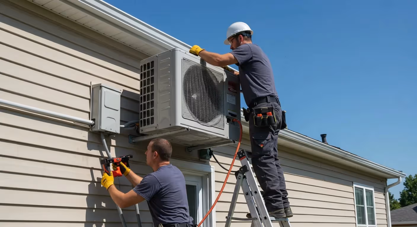 Two men repairing an air conditioner, focused on their work in a well-lit environment.