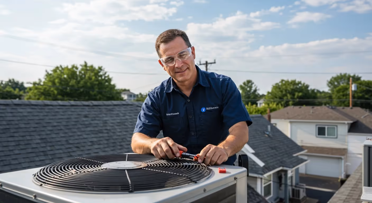 A man in a blue shirt is engaged in maintenance work on a heat pump, using various tools.