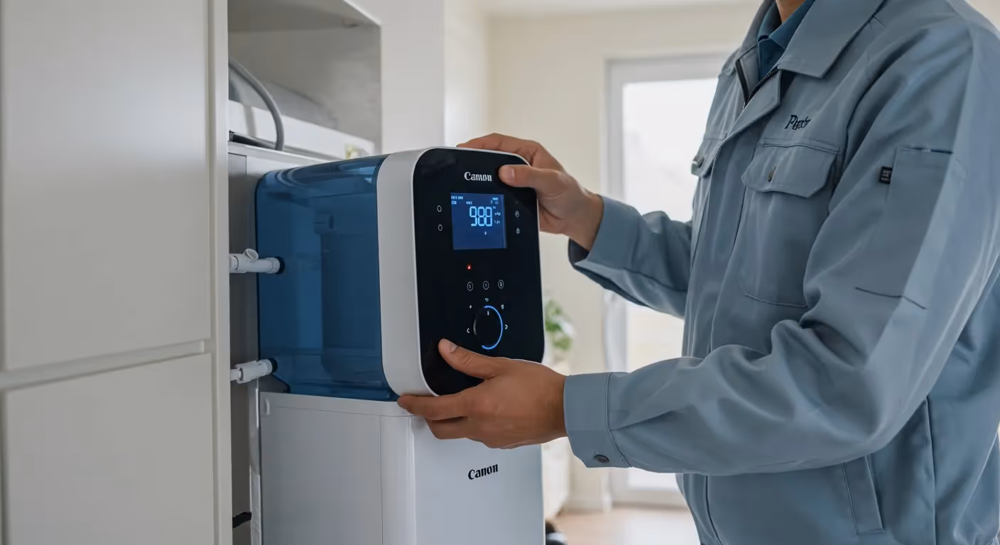 A person in a blue uniform adjusts a Canon humidifier in a bright room. 