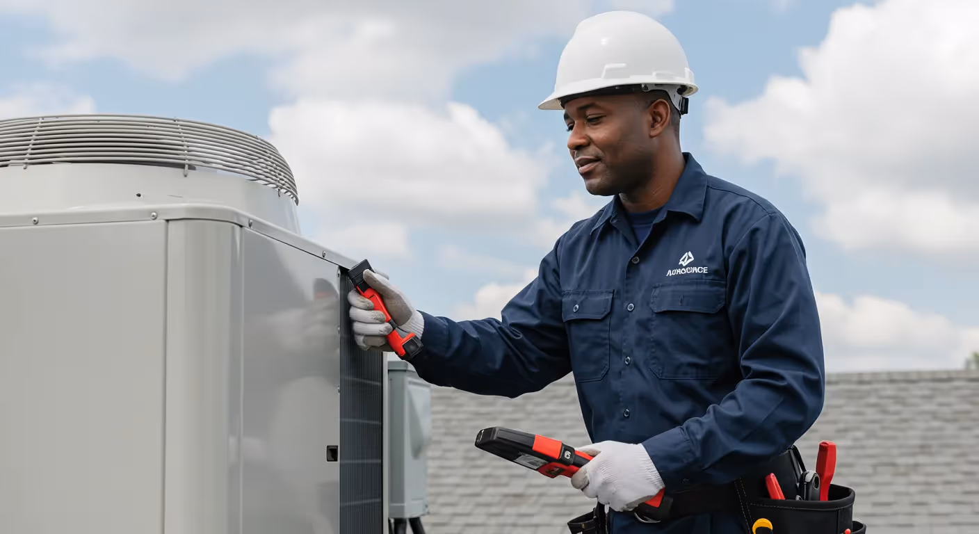 A man wearing a hard hat and blue shirt is fixing an air conditioning unit.