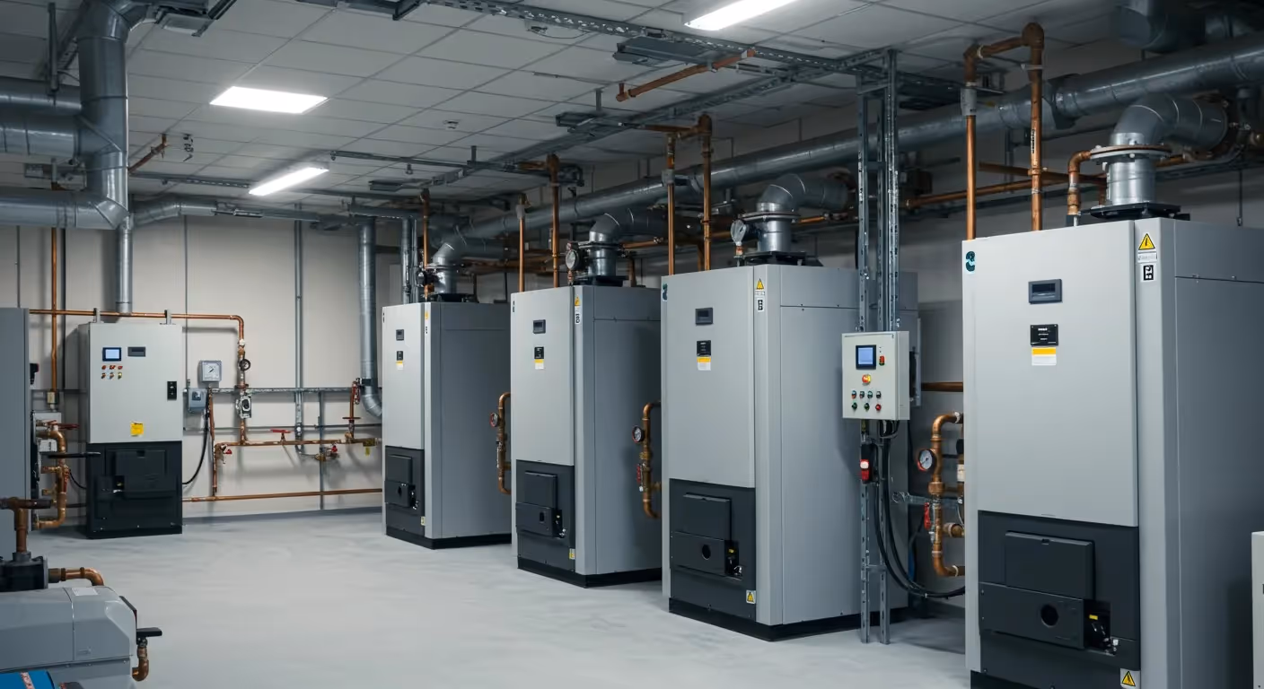 Industrial boiler room with five large gray boilers in a row, connected by copper pipes. 