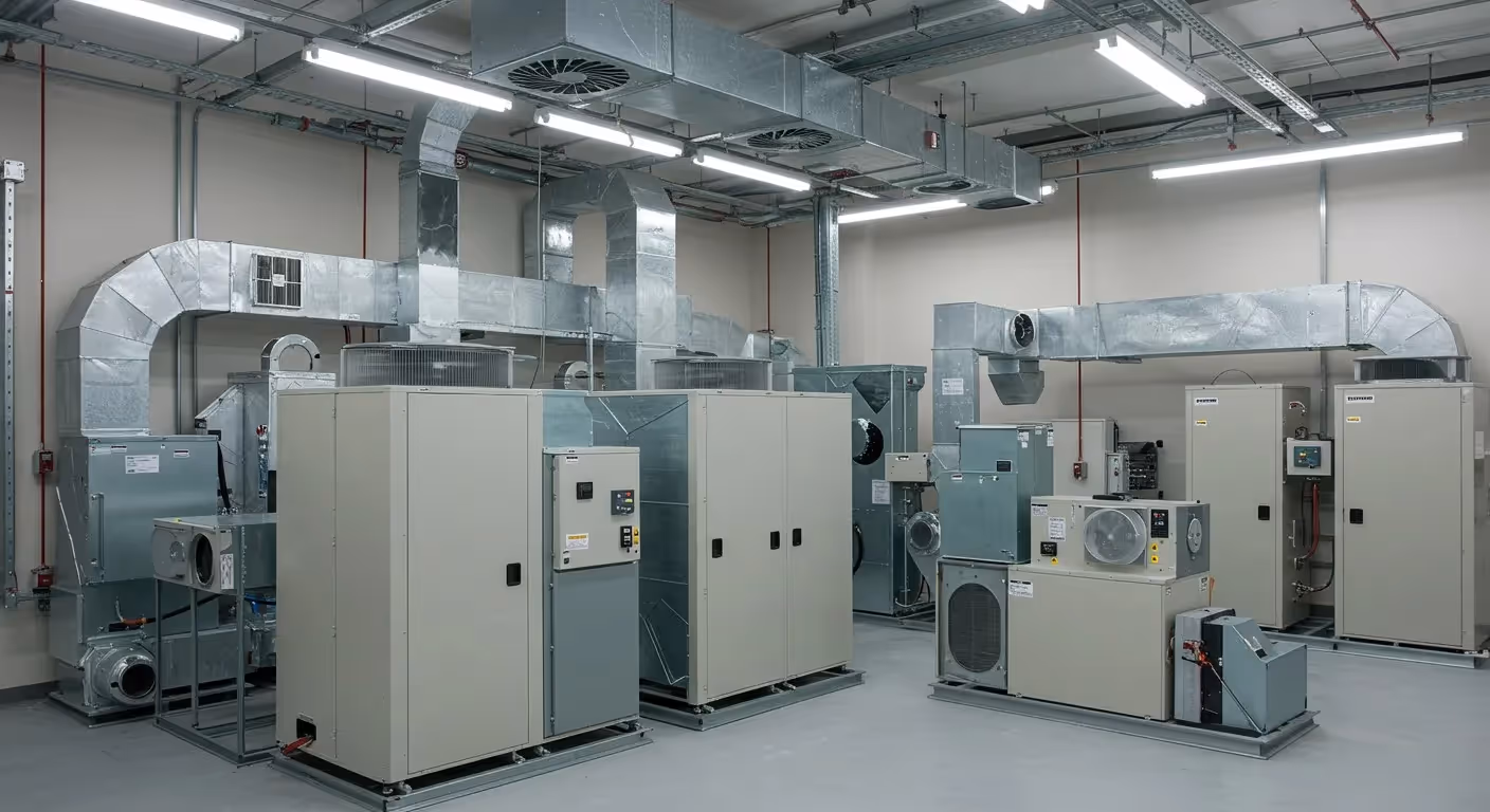 Industrial room with large HVAC units, metal ductwork, and control panels under fluorescent lights.