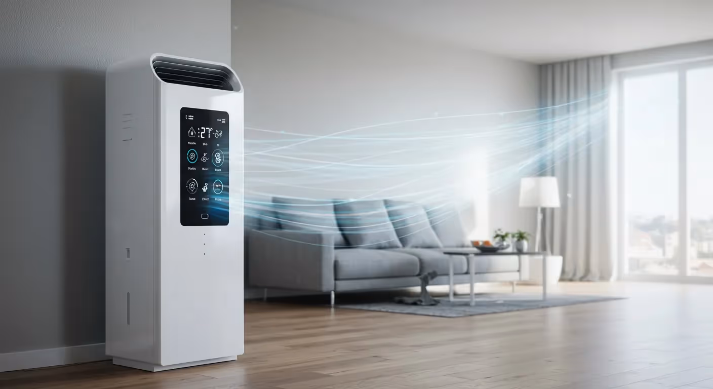 A sleek air purifier stands in a modern living room, with digital controls glowing. 
