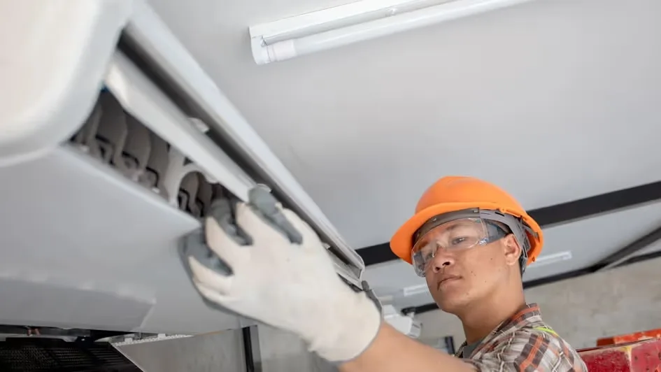 A worker in a safety helmet and gloves performs maintenance on a ceiling-mounted air conditioning unit.