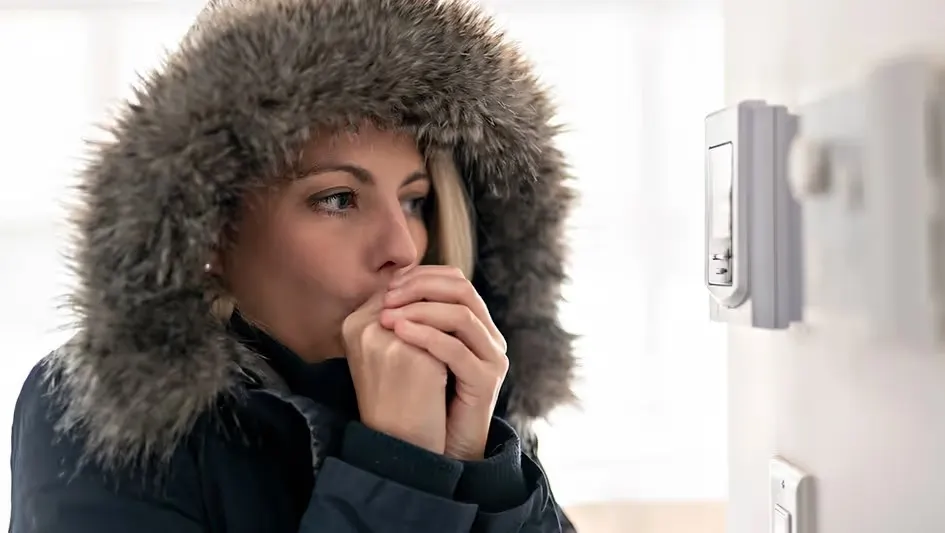 A shivering woman wearing a winter jacket with a fur-lined hood is blowing warm air on her hands, looking at a thermostat on the wall.