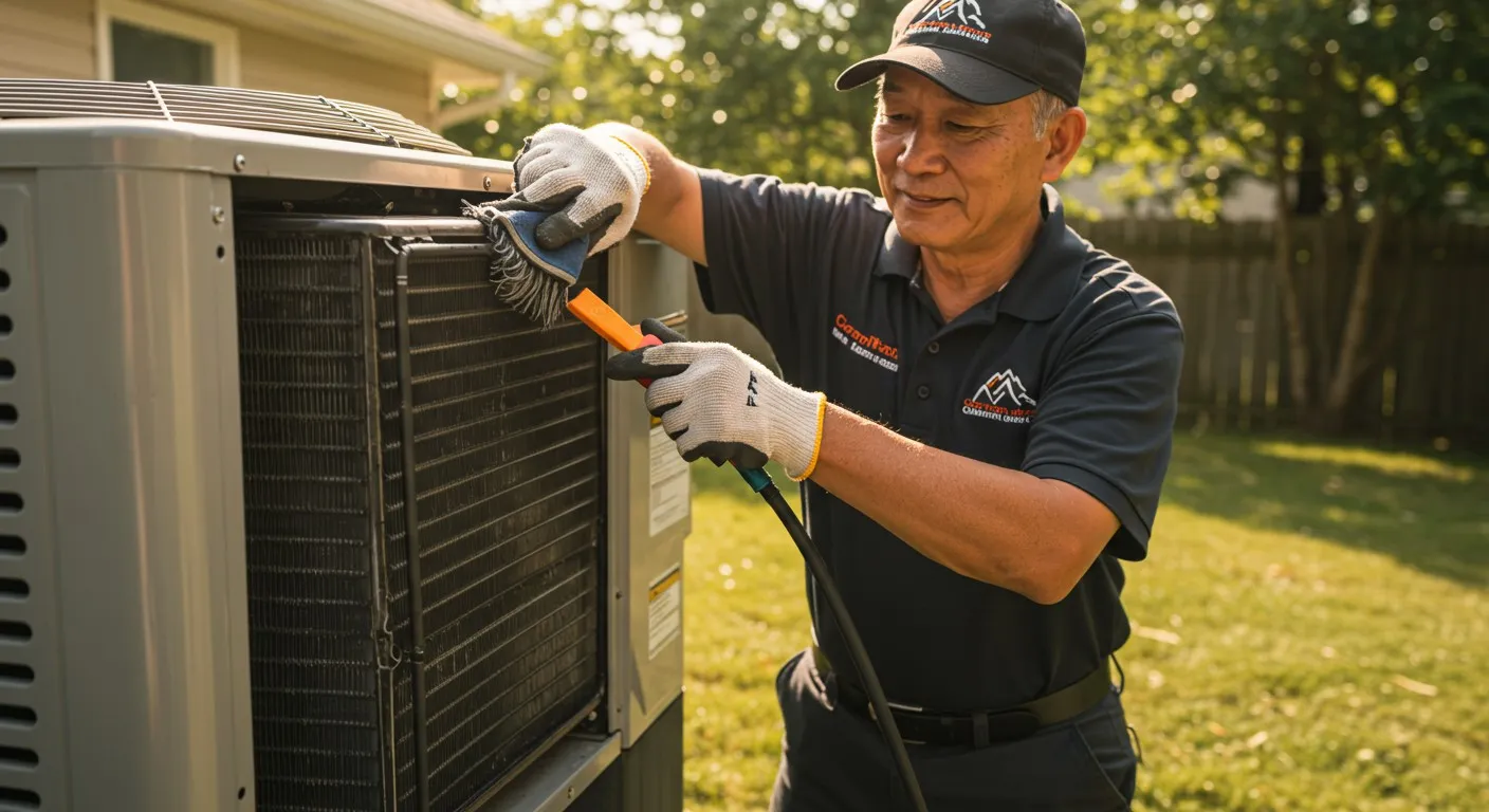 A man in a blue shirt repairs an air conditioner.