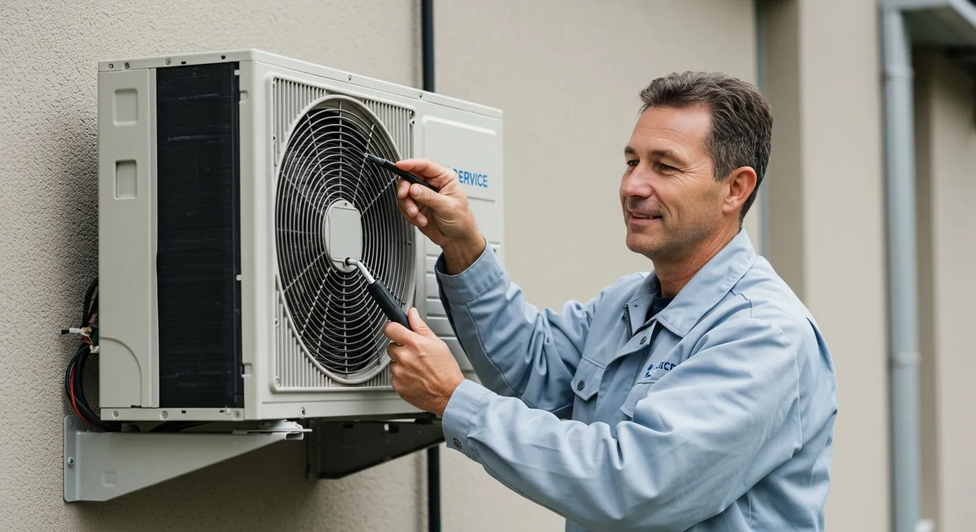A man wearing a blue shirt is working on an air conditioning unit.