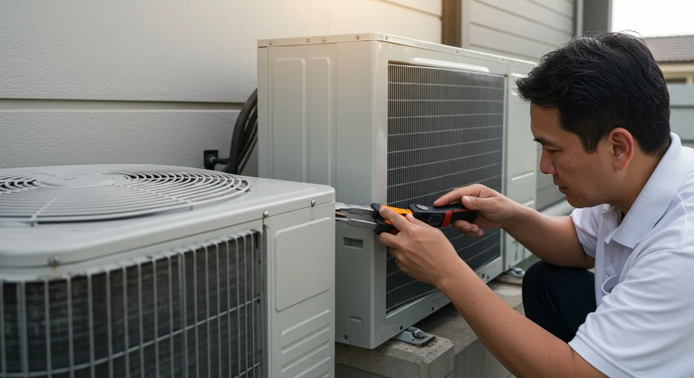 A man repairs an air conditioner, using tools and focused on the unit.