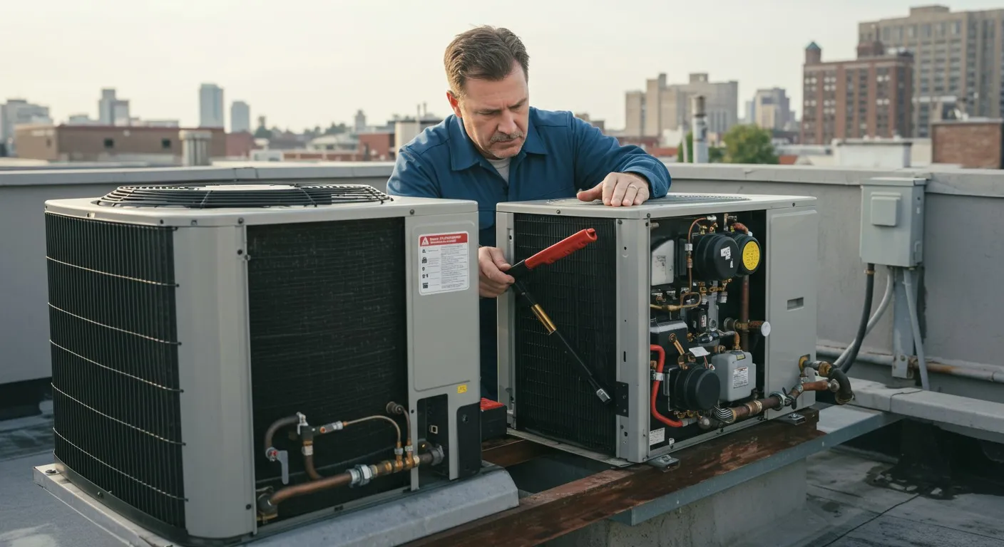 A man on a roof, repairing an Air Conditioner, equipped with tools and wearing protective clothing.