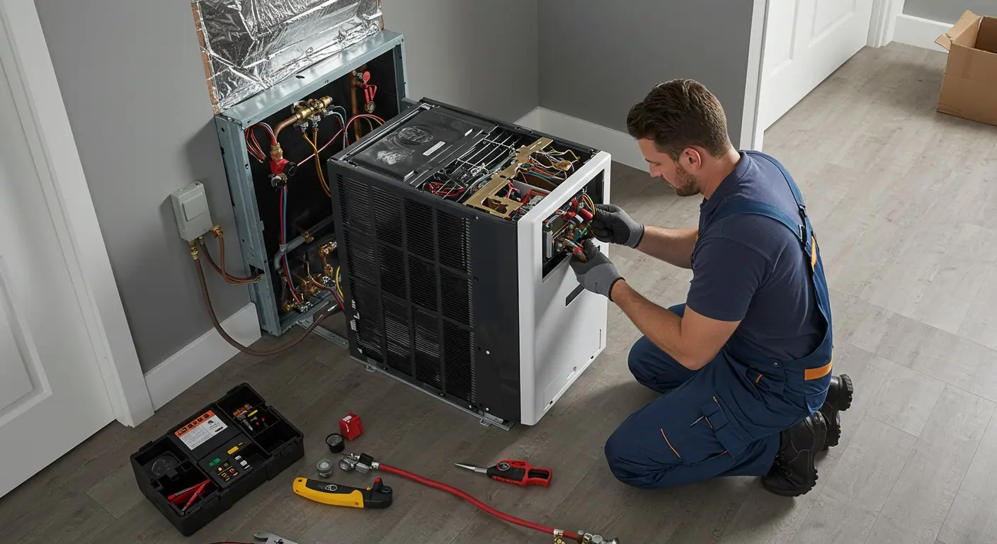 A man repairs an air conditioner in a room, focused on his task with tools nearby.