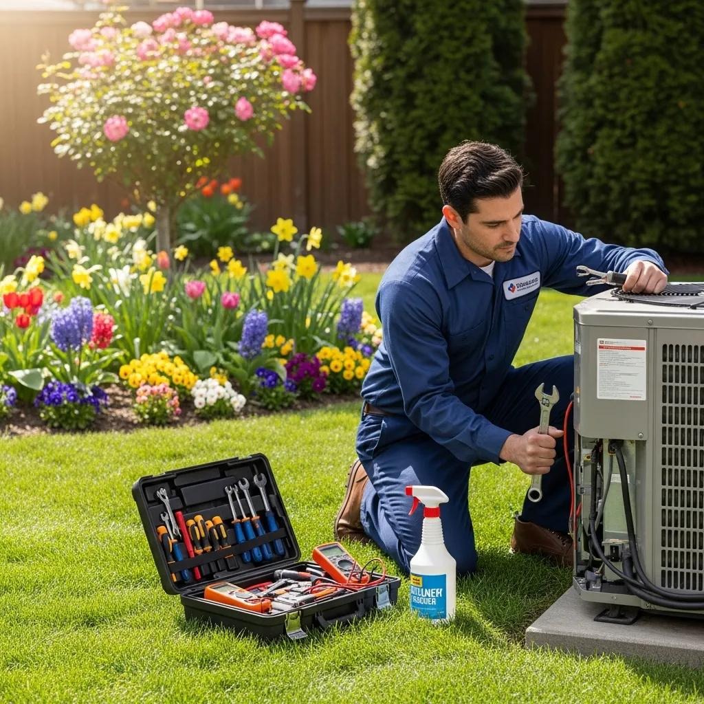 Technician performing spring HVAC maintenance on an air conditioning unit in a sunny backyard