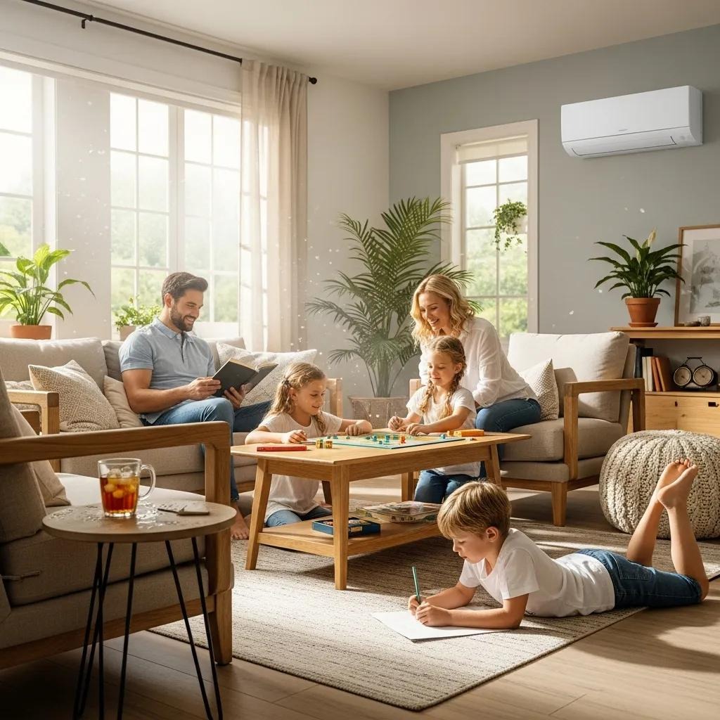 Family enjoying a cool living room with air conditioning during summer