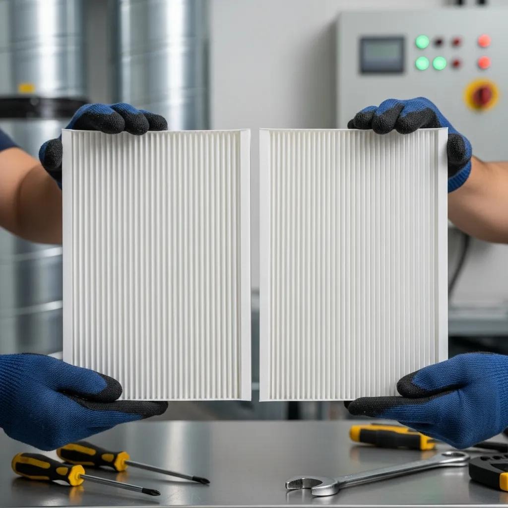 Technician holding clean air filters for HVAC maintenance