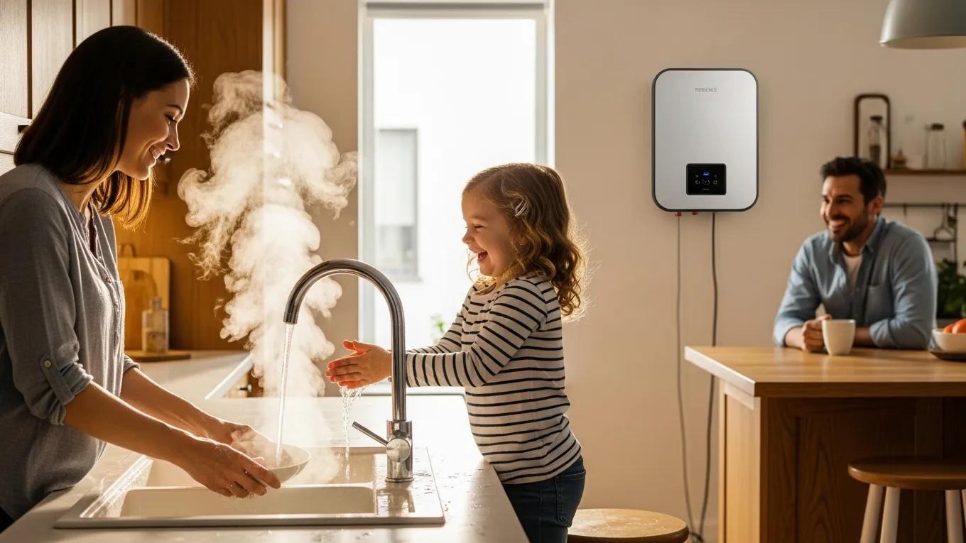 Family enjoying hot water at home with a tankless water heater in the background