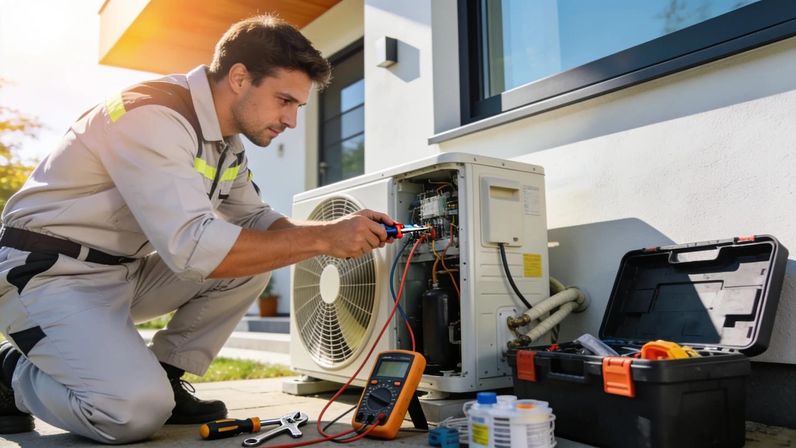 HVAC technician repairing air conditioner unit, showcasing professional service in a residential setting