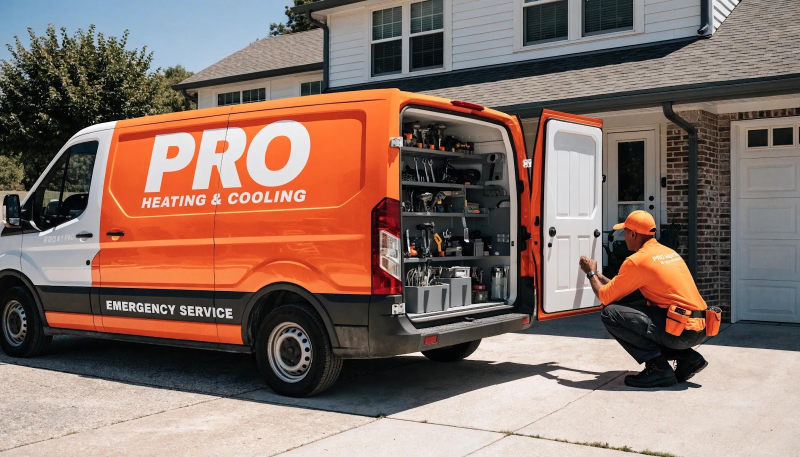 HVAC service van ready for emergency air conditioning repair in a residential neighborhood