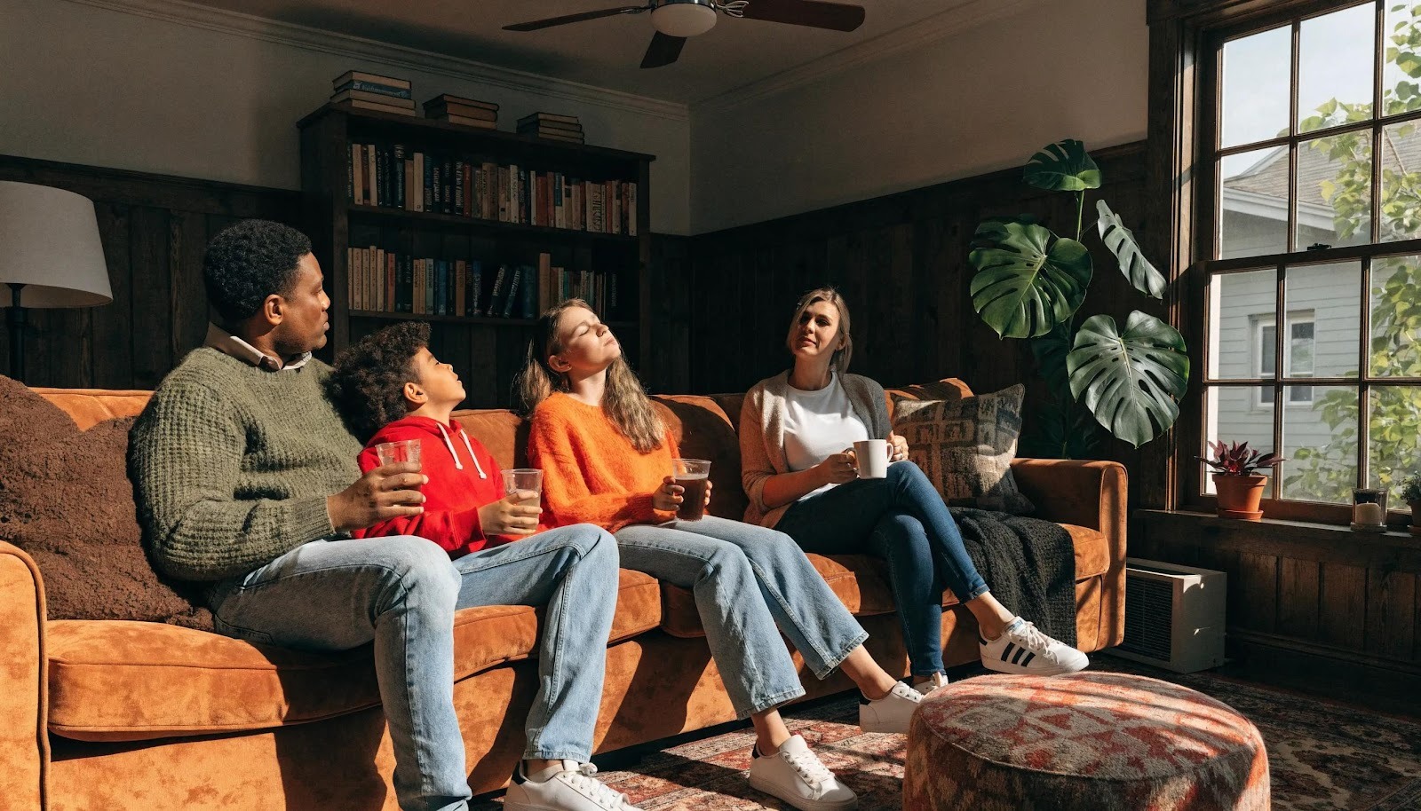 Family enjoying comfort in a well-cooled living room after effective same-day AC repair service