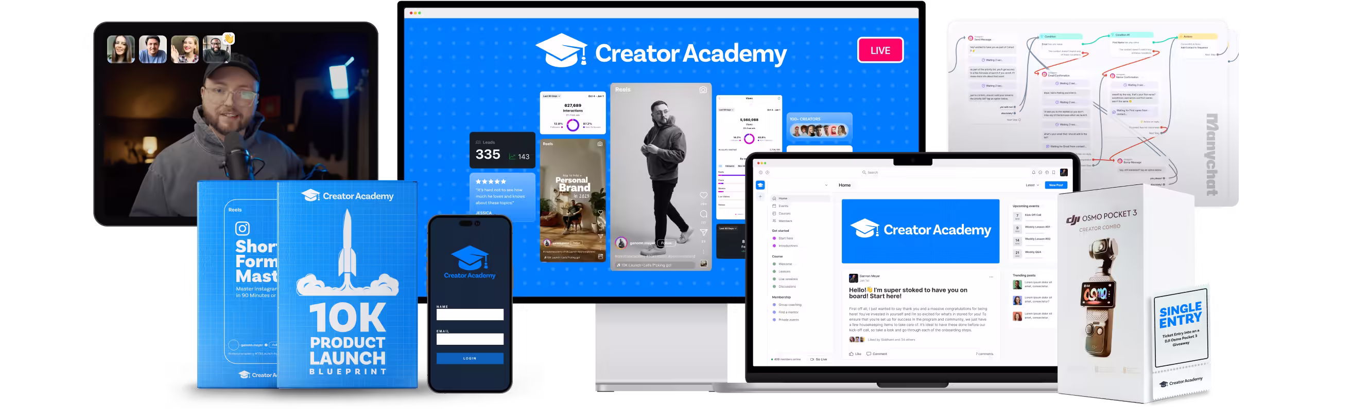 Photo of devices and bonuses showing what you get when you enroll in Creator Academy