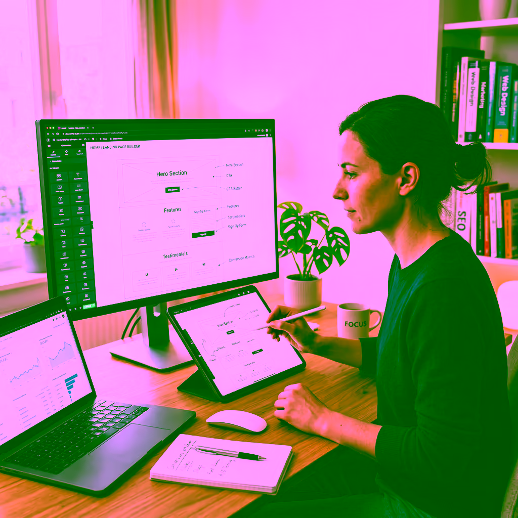 Eine Frau sitzt am Computer und erstellt eine Landingpage